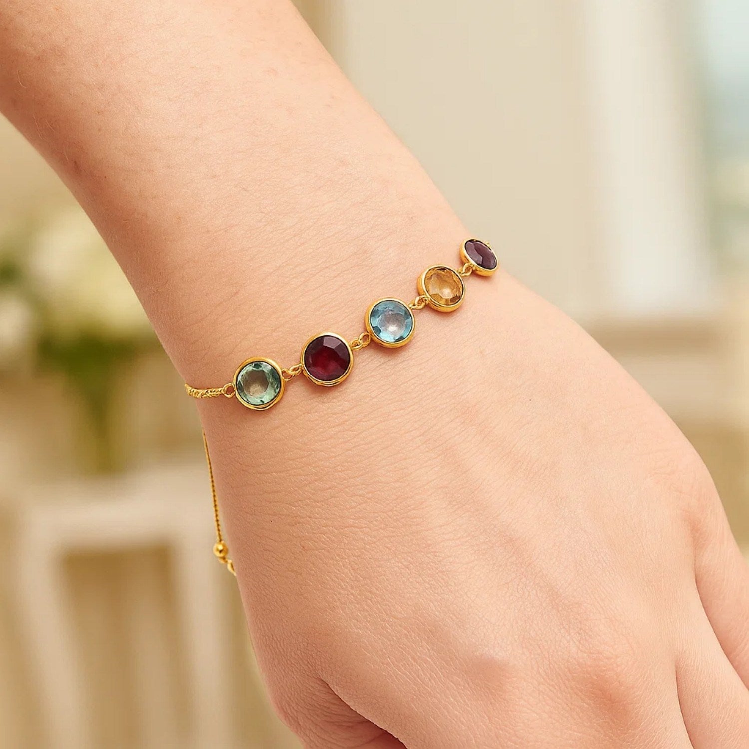 Multi-Gemstone Friendship Lariat Bracelet in 14K Yellow Gold