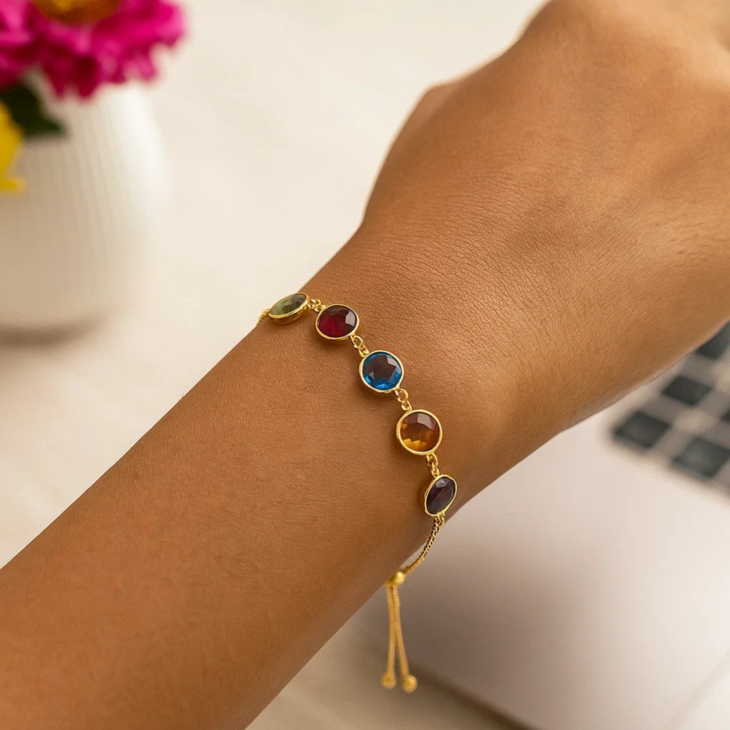Multi-Gemstone Friendship Lariat Bracelet in 14K Yellow Gold