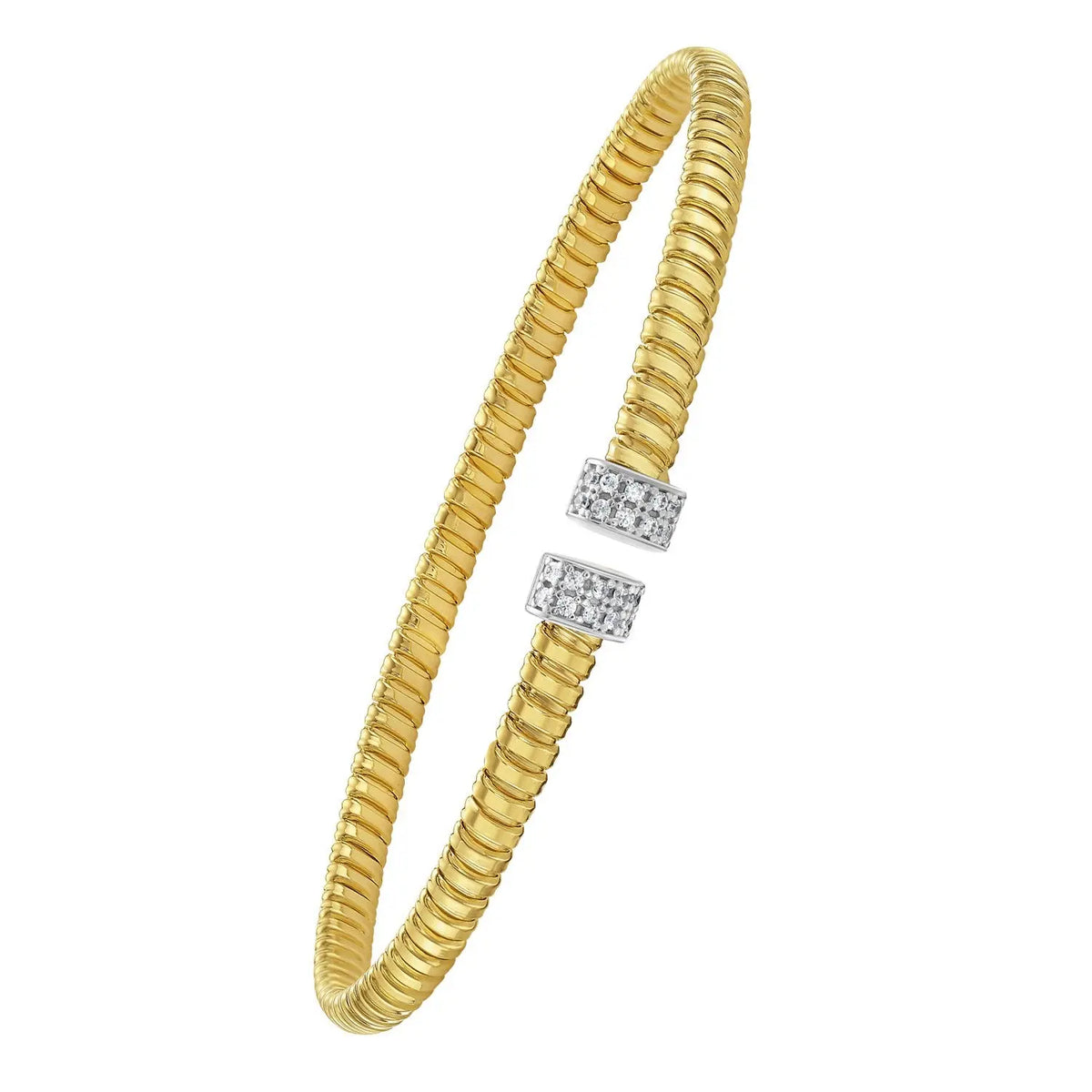 Front view of 14K yellow gold diamond endcap tubogas cuff bangle, 3.90mm