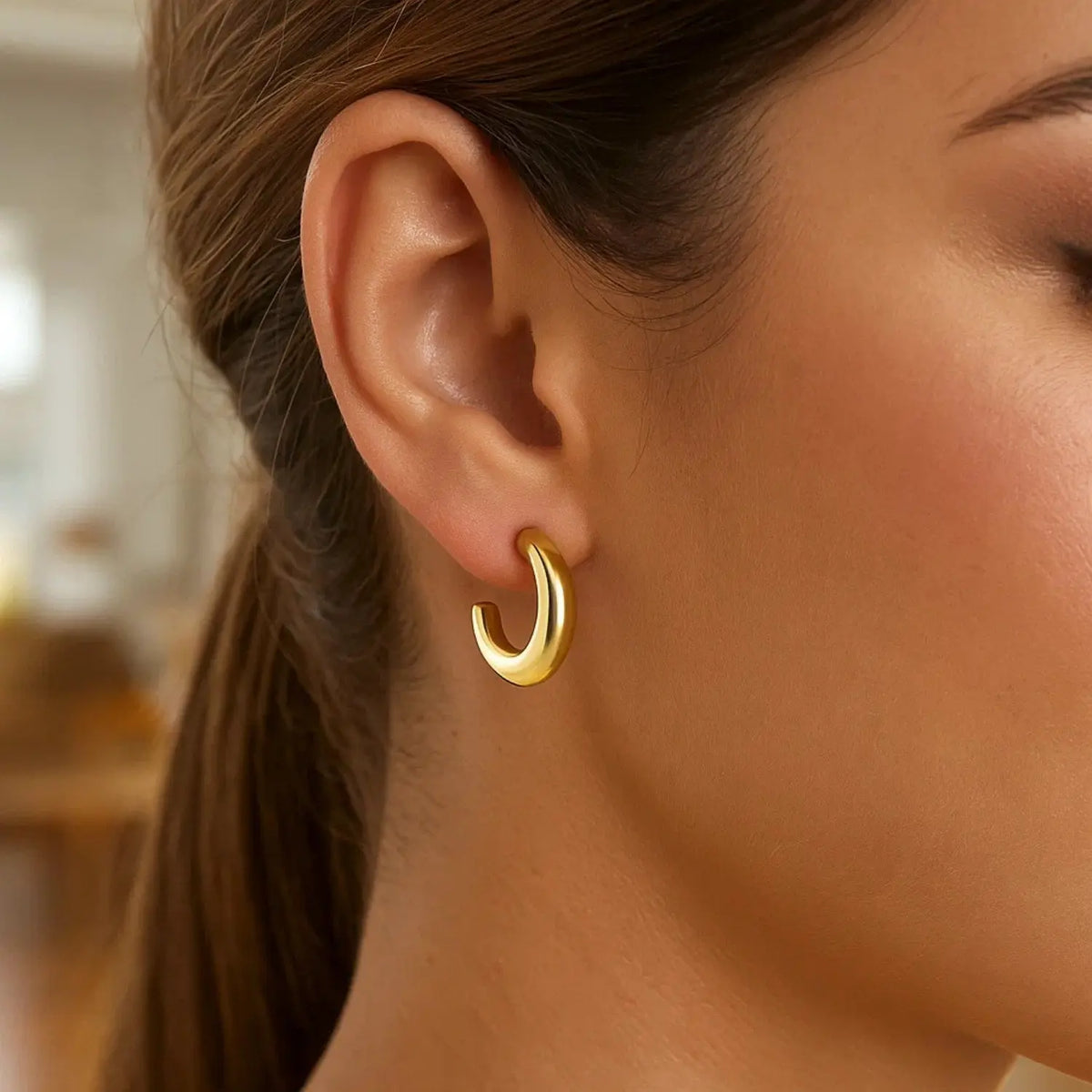 Puffy C Shaped Hoop Earrings | 14K Gold  Hoop Earrings DEEVE