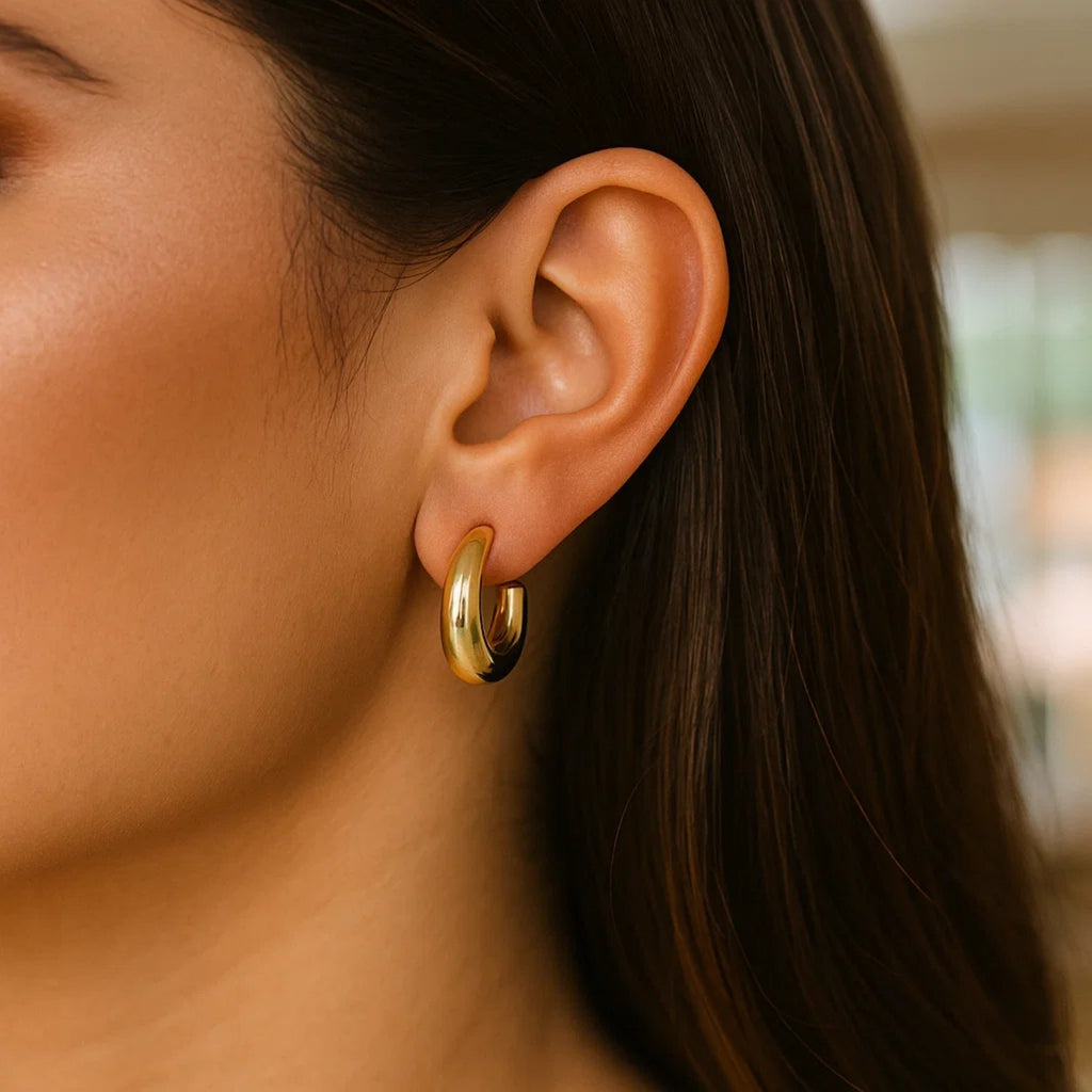 Puffy C Shaped Hoop Earrings | 14K Gold