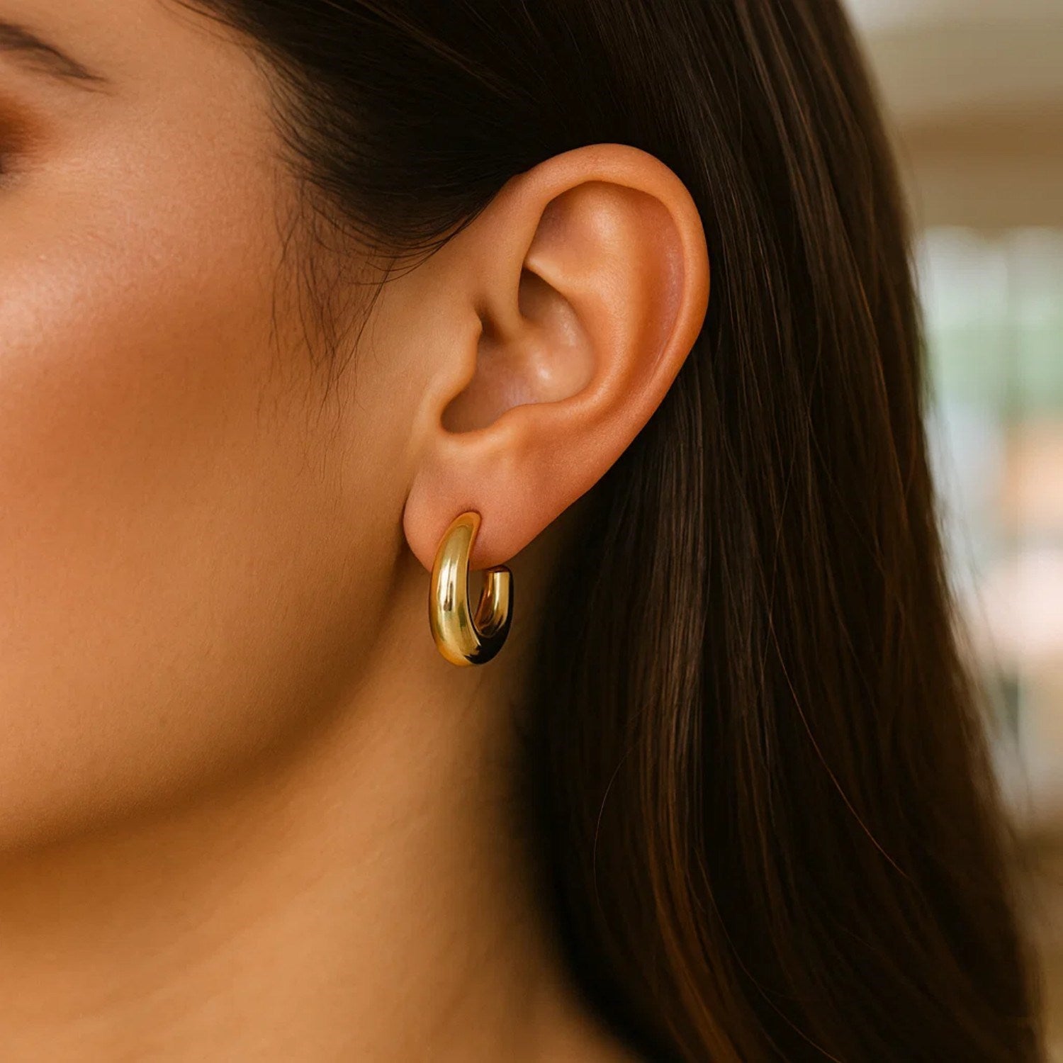 Puffy C Shaped Hoop Earrings | 14K Gold