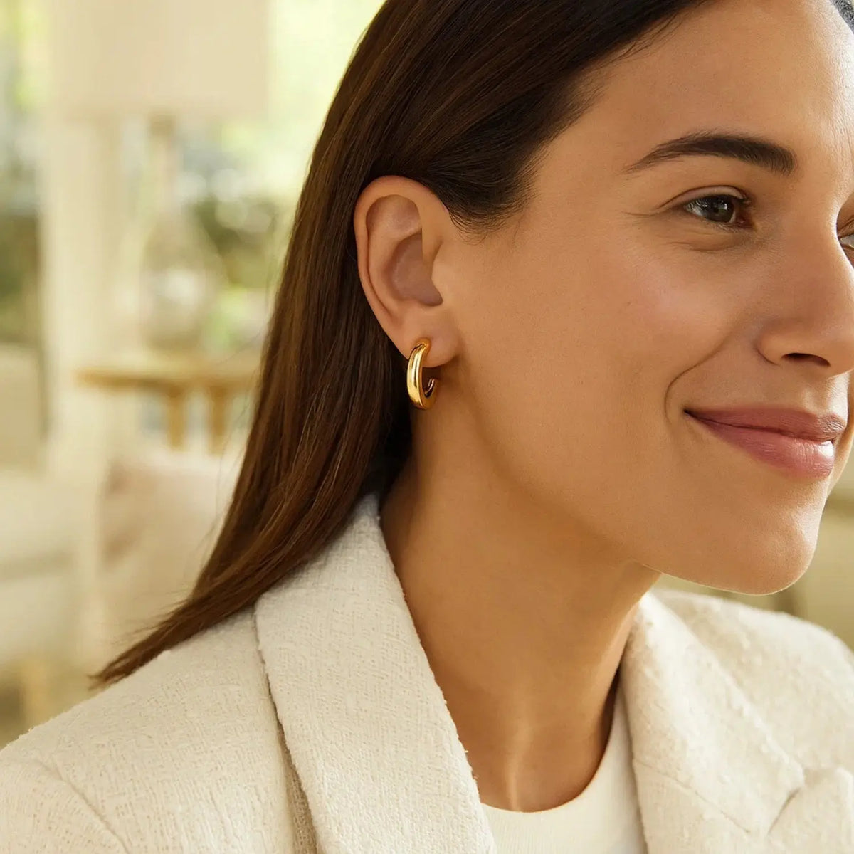 Puffy C Shaped Hoop Earrings | 14K Gold  Hoop Earrings DEEVE