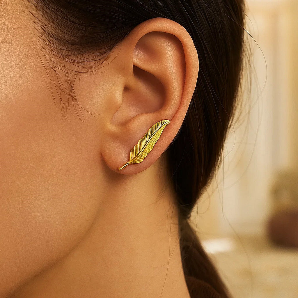 Textured Feather Climber Earrings | 14K Gold