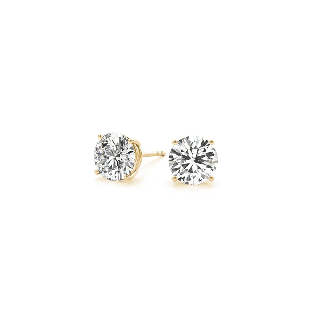 Angled view of 2.00 ct IGI certified round-cut lab-grown diamond stud earrings in 14K yellow gold — DEEVE