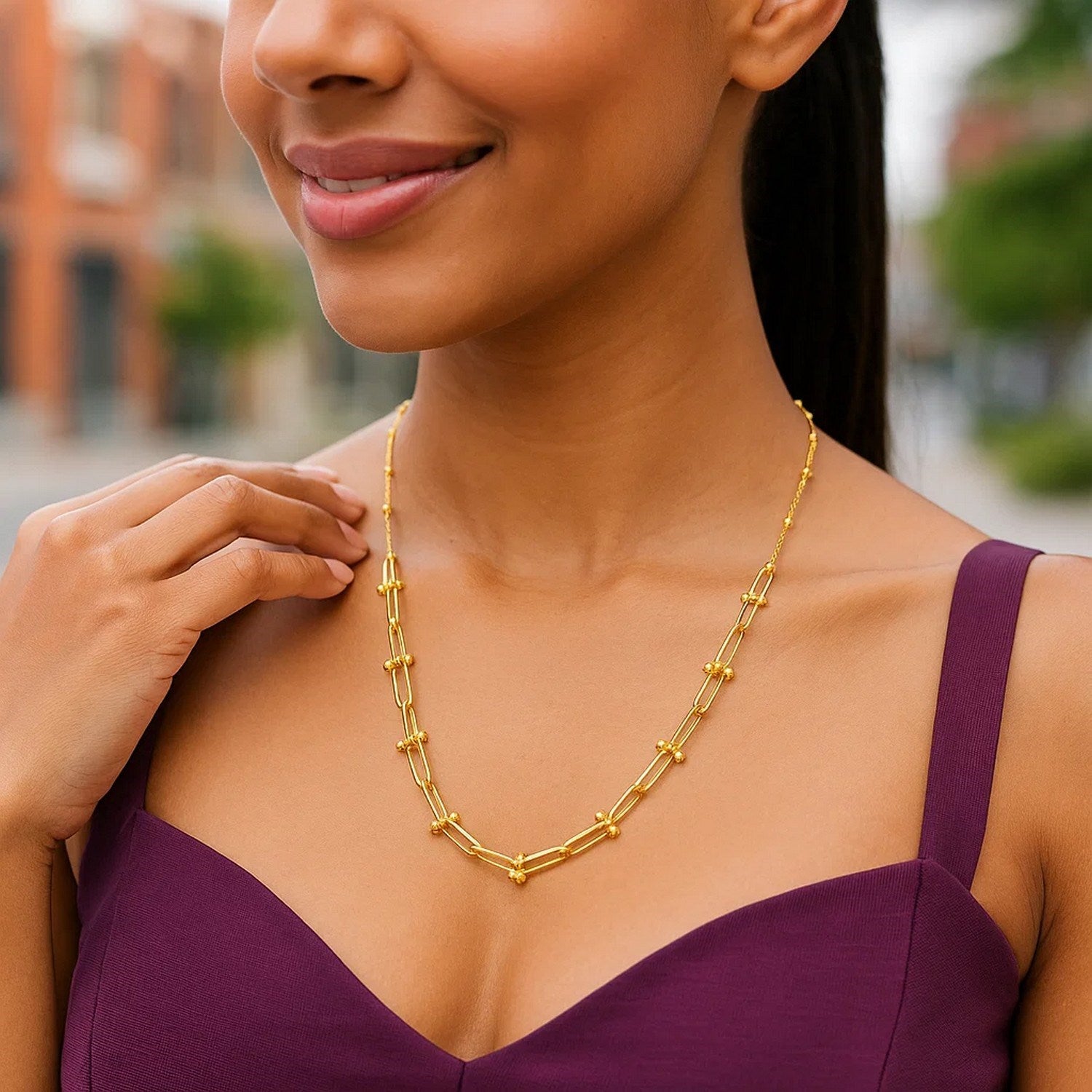 Beaded U-Link Chain Necklace in 14K Yellow Gold
