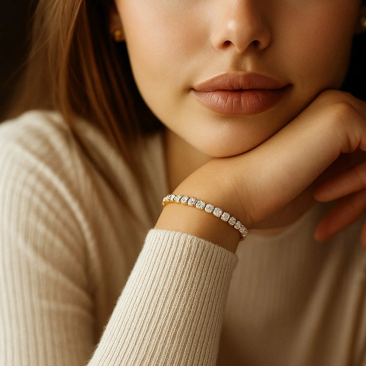 Lifestyle view of 5.00 ct lab-grown diamond tennis bracelet in 14K Solid Gold — DEEVE