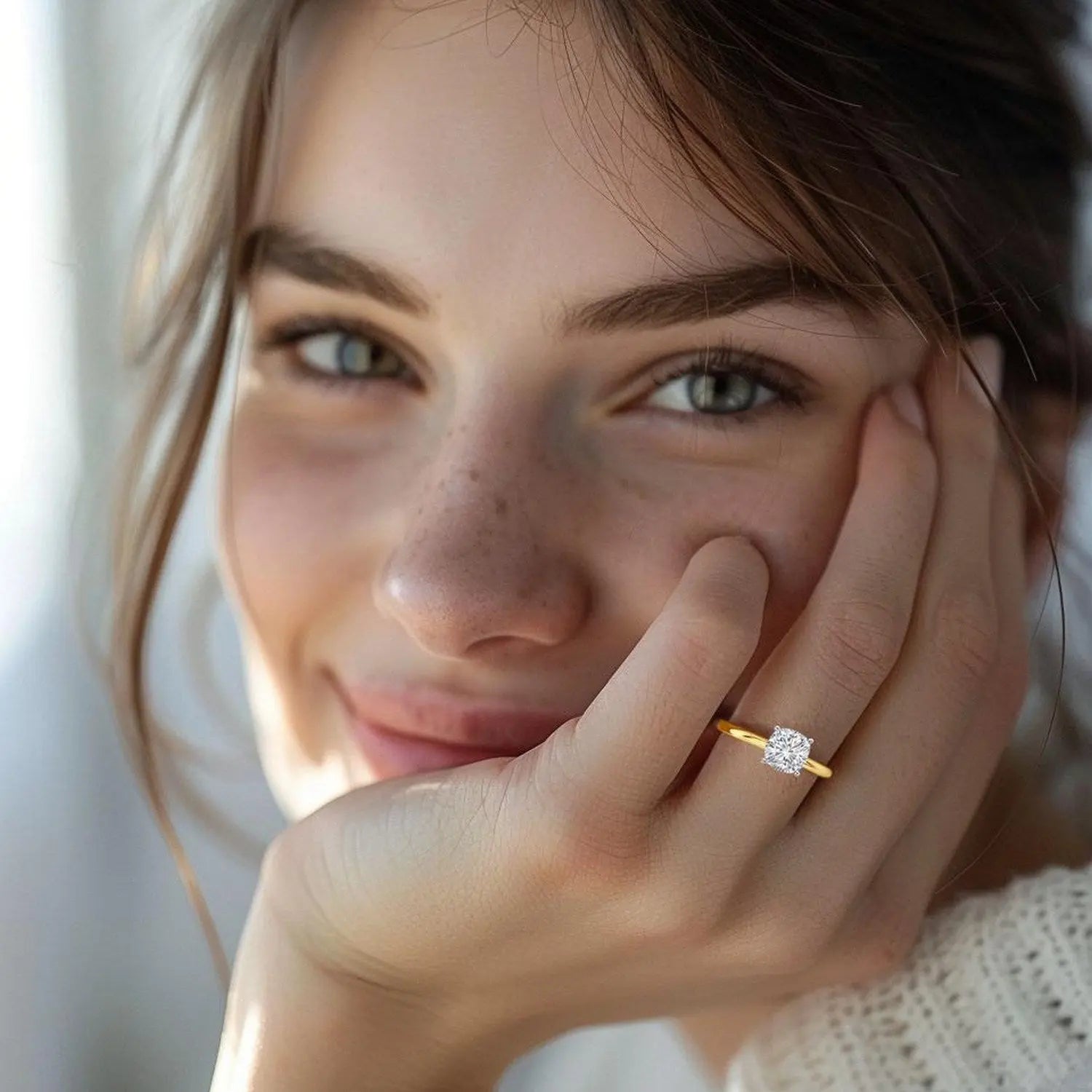 model promoting a 1.00ct Cushion Cut Lab Grown Diamond Ring in 14K Yellow Gold | G-VS1  Rings DEEVE