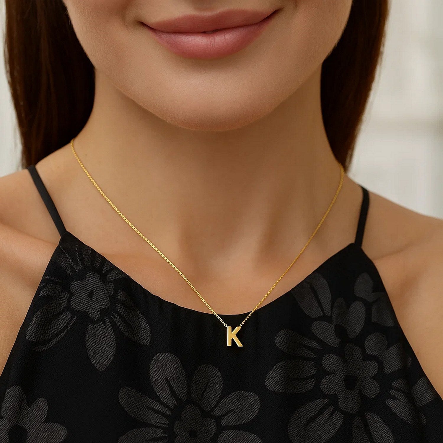 14K Yellow Gold Yours Truly Block Letter Initial K Necklace