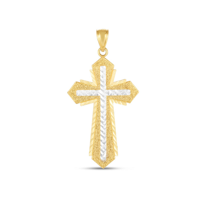 Two-tone cross pendant: white gold diamond-cut cross inside a textured yellow gold border, shown without a chain