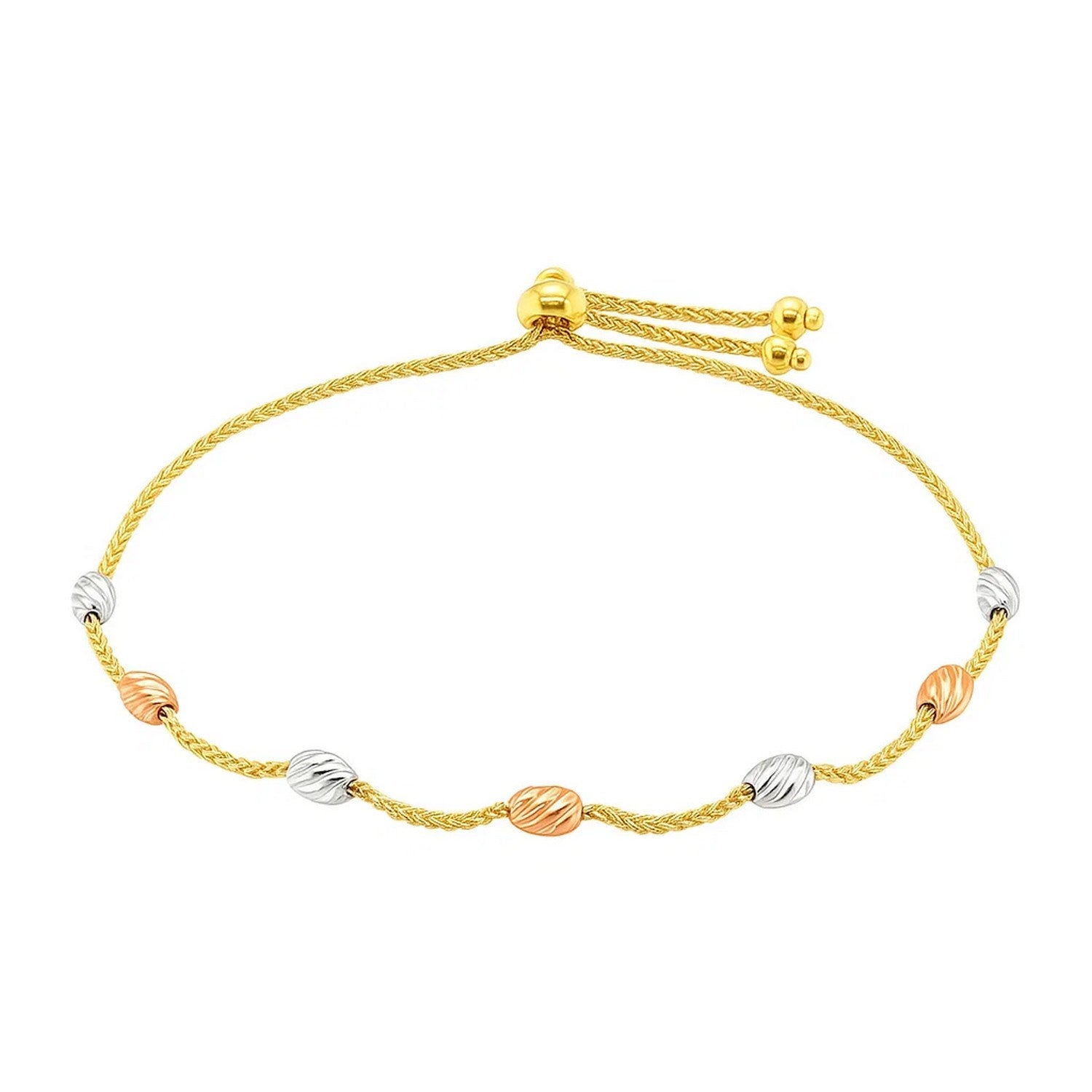 Diamond Cut Oval Station Lariat Bracelet in 14K Tri-Color Gold