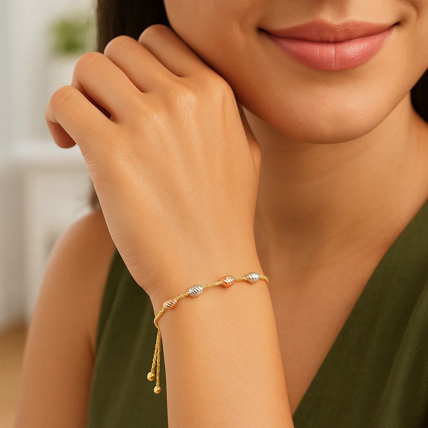 Diamond Cut Oval Station Lariat Bracelet in 14K Tri-Color Gold