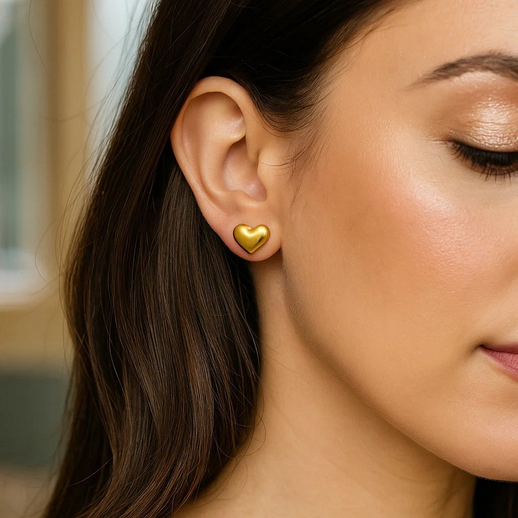 Puffed Heart Stud Earrings | 14K Gold
