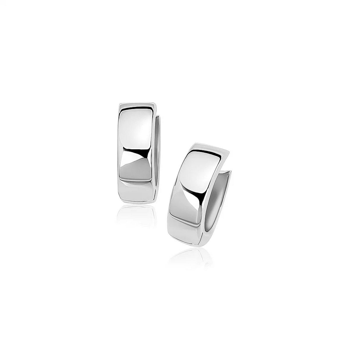 Snuggable huggie hoop earrings in 14K white gold, side and front view