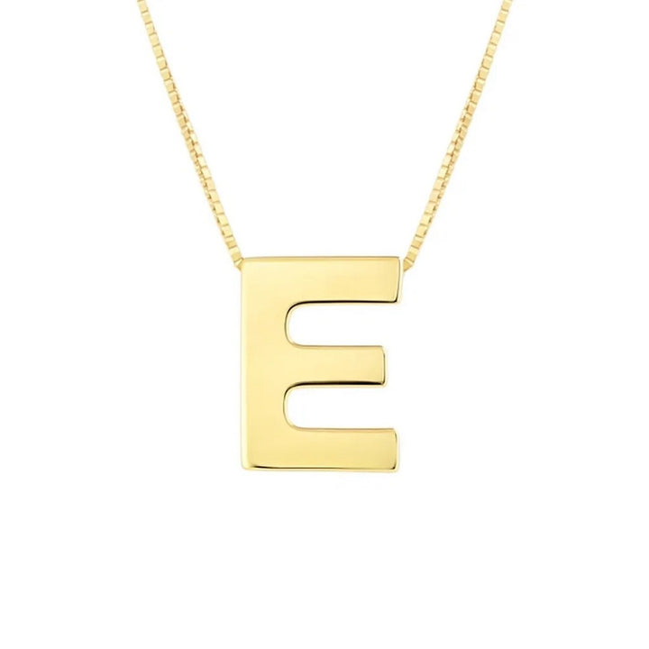 Front view of the polished block letter E in 14K yellow gold on a box chain