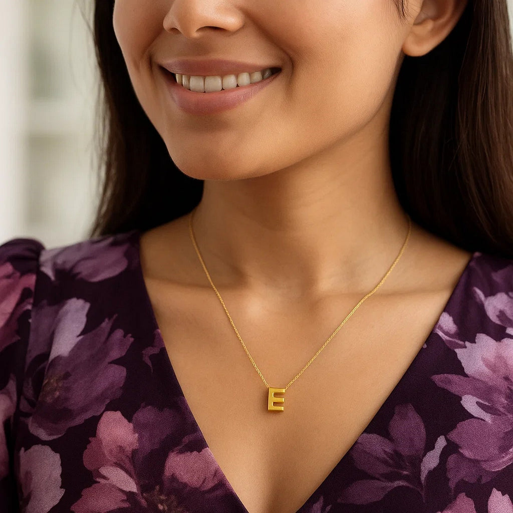 14K Yellow Gold Yours Truly Block Letter Initial E Necklace