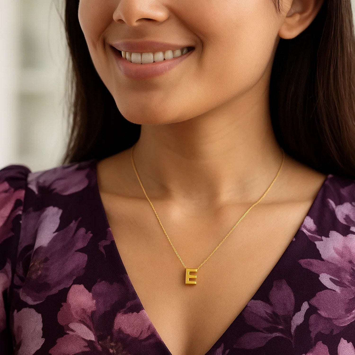 14K Yellow Gold Yours Truly Block Letter Initial E Necklace