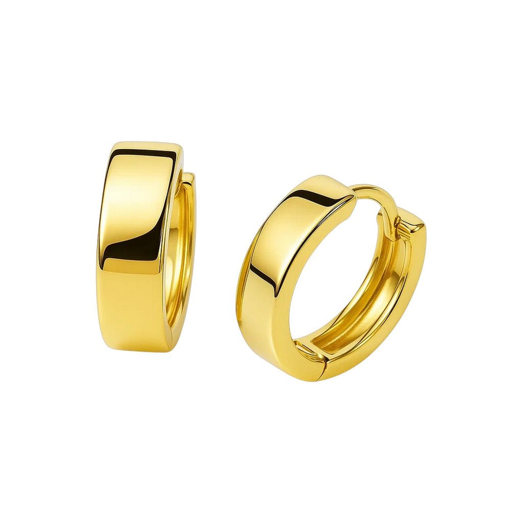 Snuggable huggie hoop earrings in 14K yellow gold, side and front view