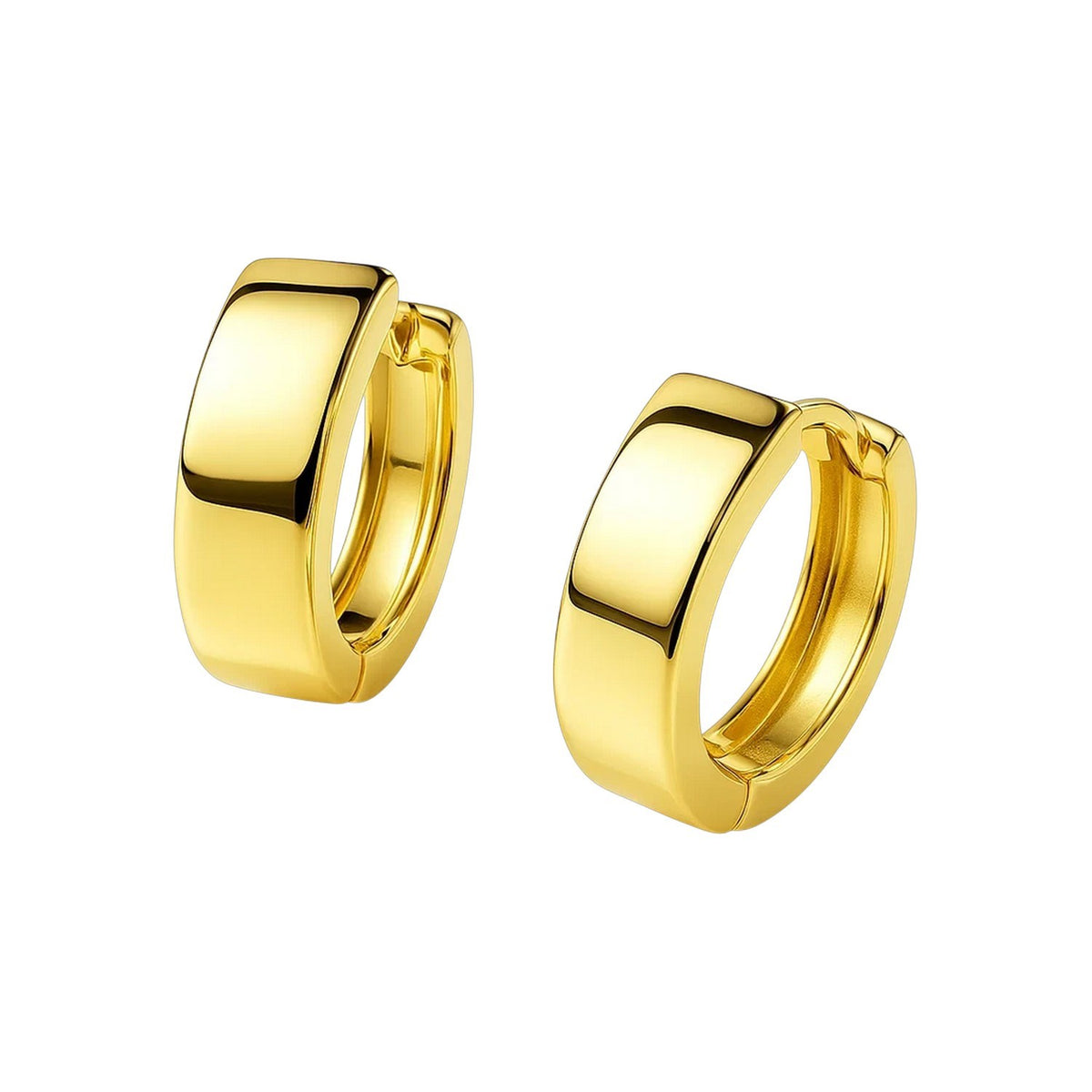 Snuggable huggie earrings in 14K yellow gold, showing the wide flat band