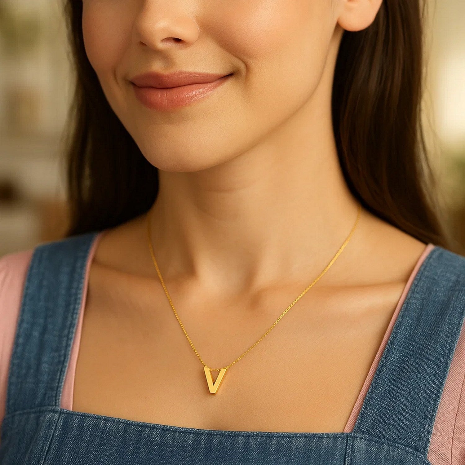 14K Yellow Gold Yours Truly Block Letter Initial V Necklace