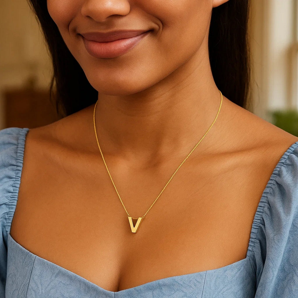 14K Yellow Gold Yours Truly Block Letter Initial V Necklace