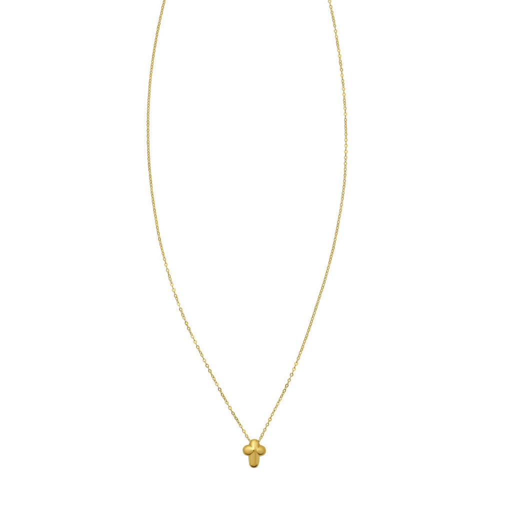 Puffed mini cross necklace in 14K yellow gold hanging on its fine cable chain
