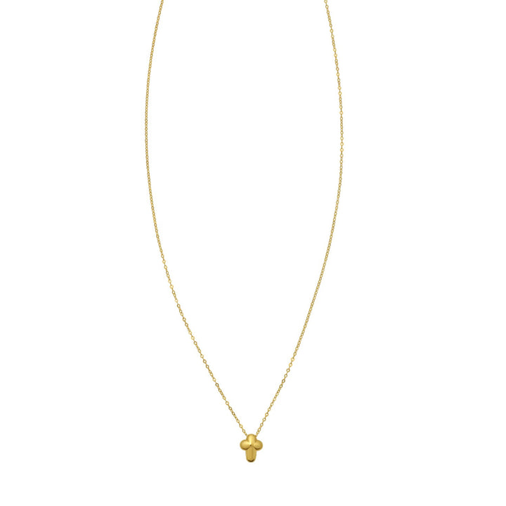 Puffed mini cross necklace in 14K yellow gold hanging on its fine cable chain