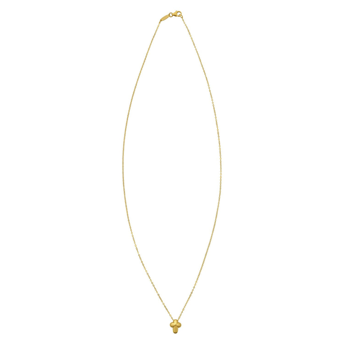 Puffed mini cross necklace laid out in an oval, clasp at the top
