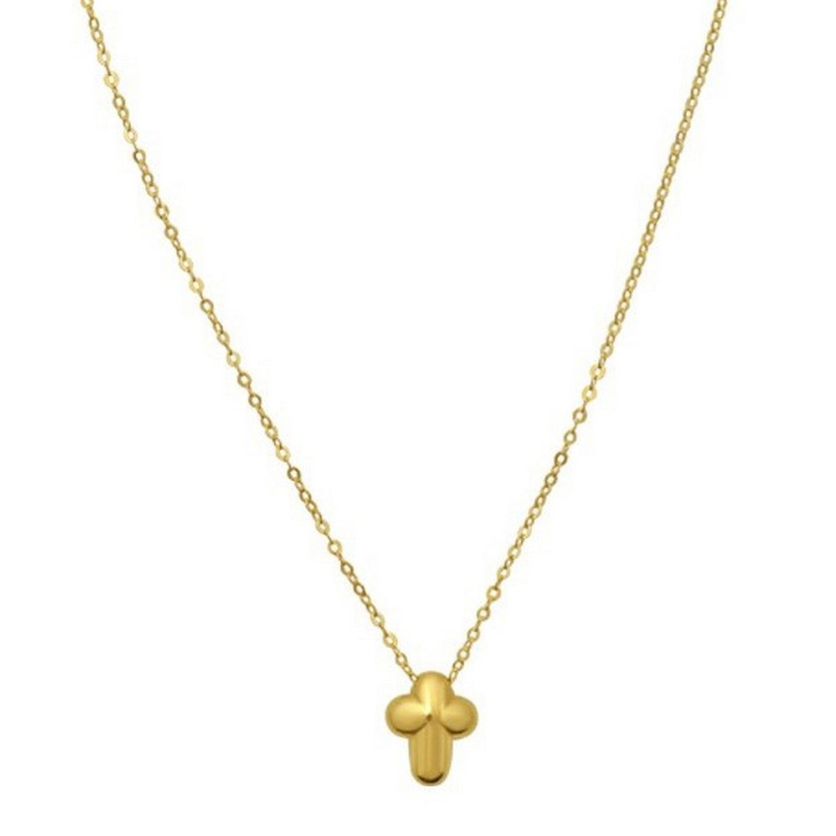 Close-up of the puffed cross with rounded arms on a yellow gold cable chain