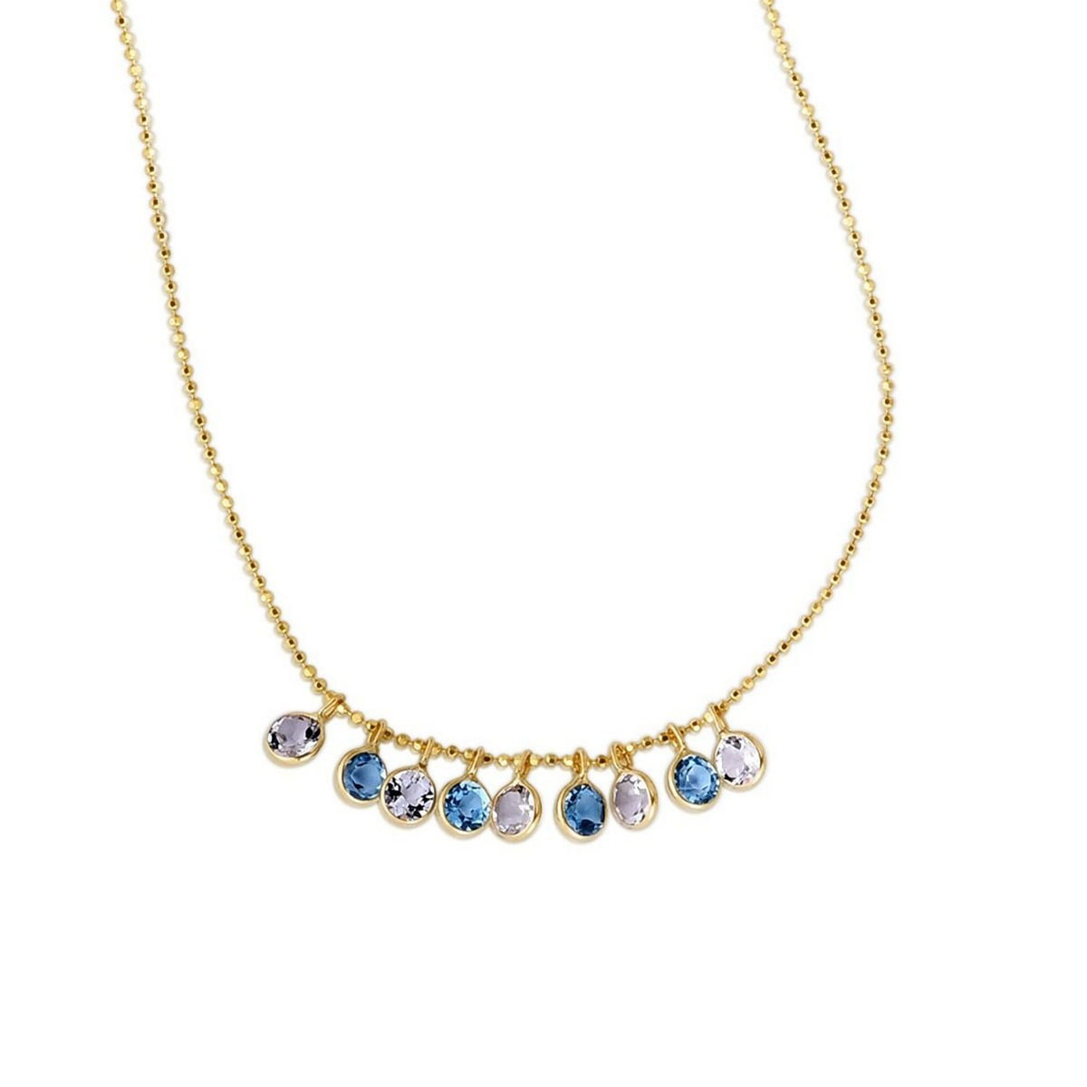 Blue and White Topaz Dancing Drop Necklace in 14K Yellow Gold - DEEVE