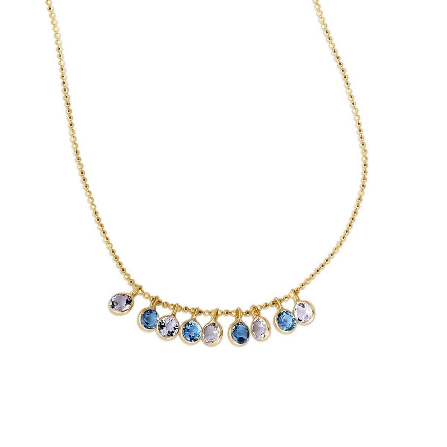 Blue and White Topaz Dancing Drop Necklace in 14K Yellow Gold - DEEVE