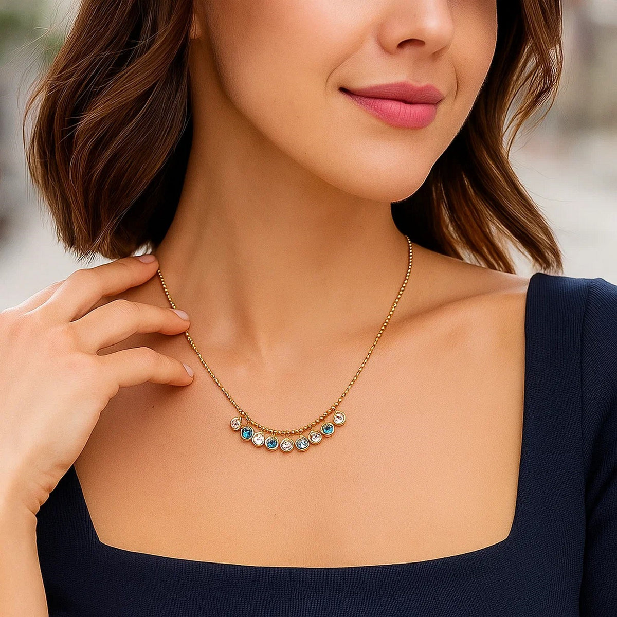 Blue and White Topaz Dancing Drop Necklace in 14K Yellow Gold - DEEVE