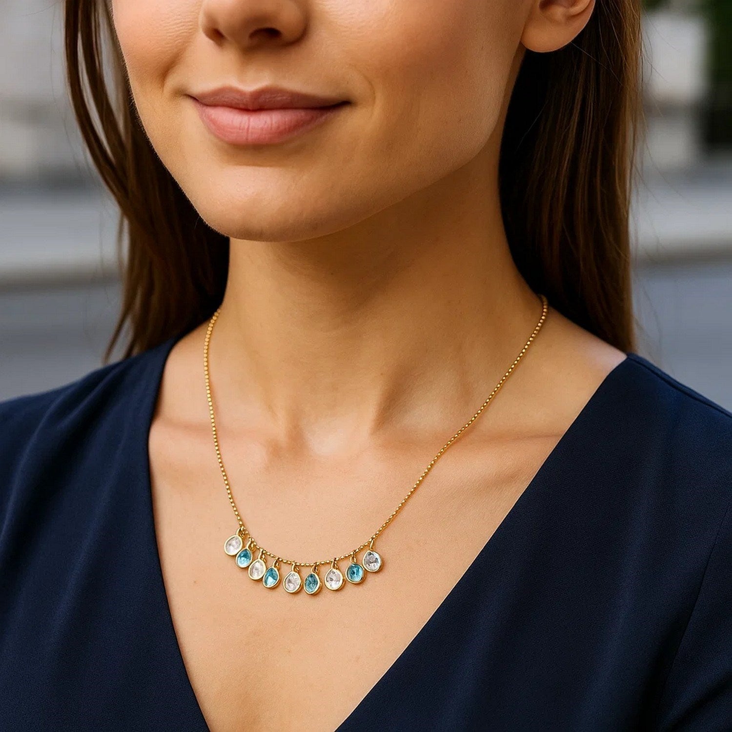 Blue and White Topaz Dancing Drop Necklace in 14K Yellow Gold - DEEVE
