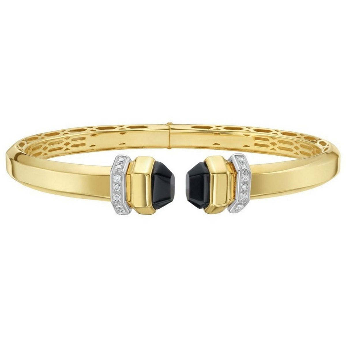 Front view of the black onyx and diamond ends of the 14K yellow gold cuff