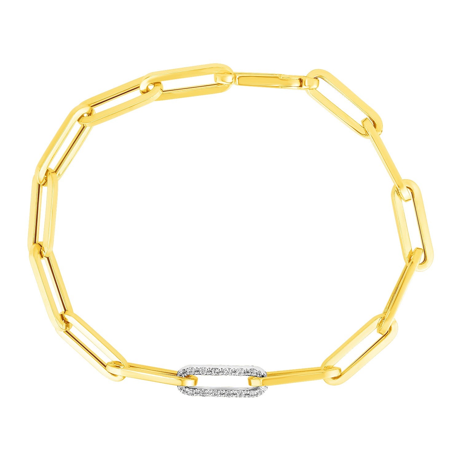 14K Yellow Gold Paperclip Chain Bracelet With Diamond Link