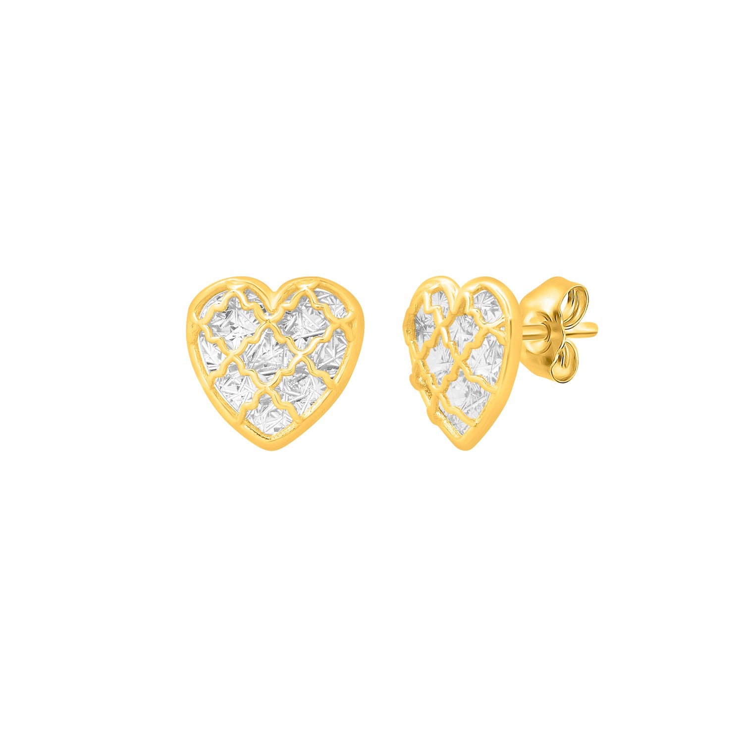 Checkered Heart Stud Earrings | 14K Gold