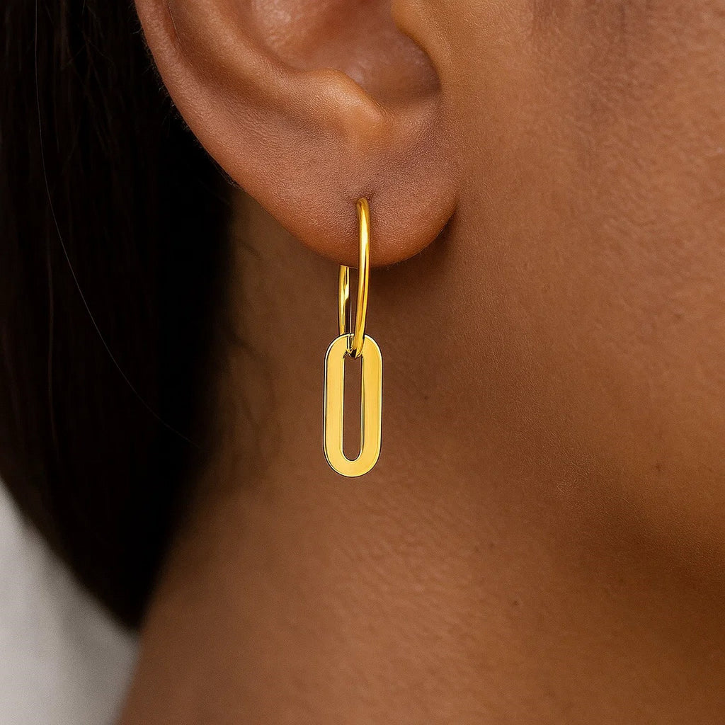 Huggie Hoop Earrings Paperclip Link Drops | 14K Gold