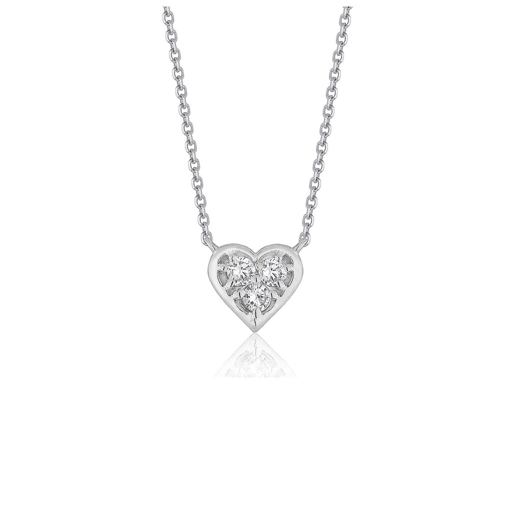 Front view of 14K white gold diamond heart pendant necklace on 16 inch cable chain