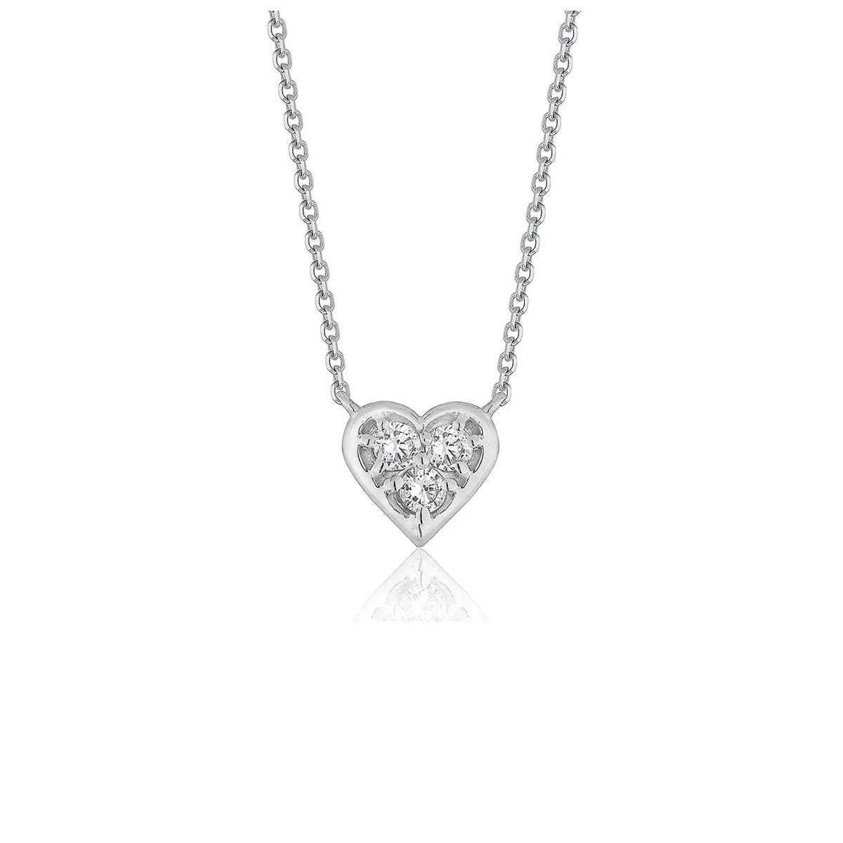 Front view of 14K white gold diamond heart pendant necklace on 16 inch cable chain