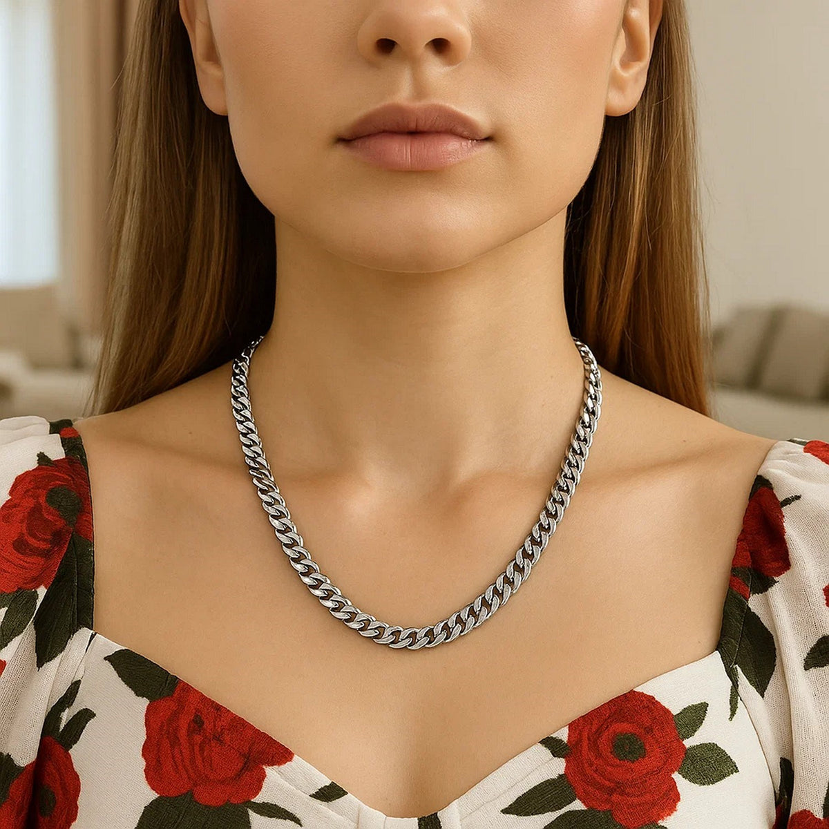 14K white gold Miami Cuban chain, 5.50mm, worn at the collarbone