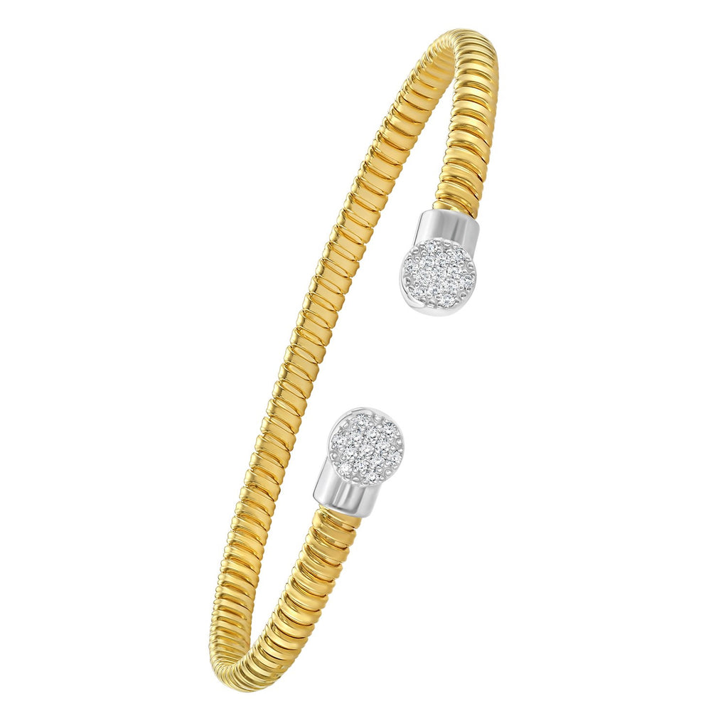 Front view of 14K yellow gold tubogas cuff bangle with diamond end caps, 3.90mm