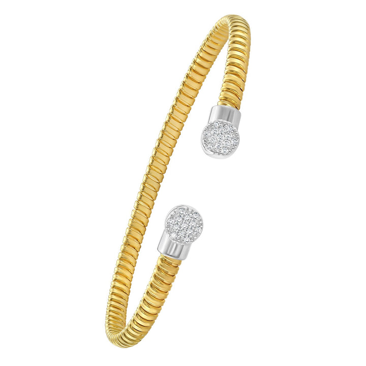 Round end tubogas cuff bangle in 14K yellow gold with prong-set natural diamond end caps, 3.90mm