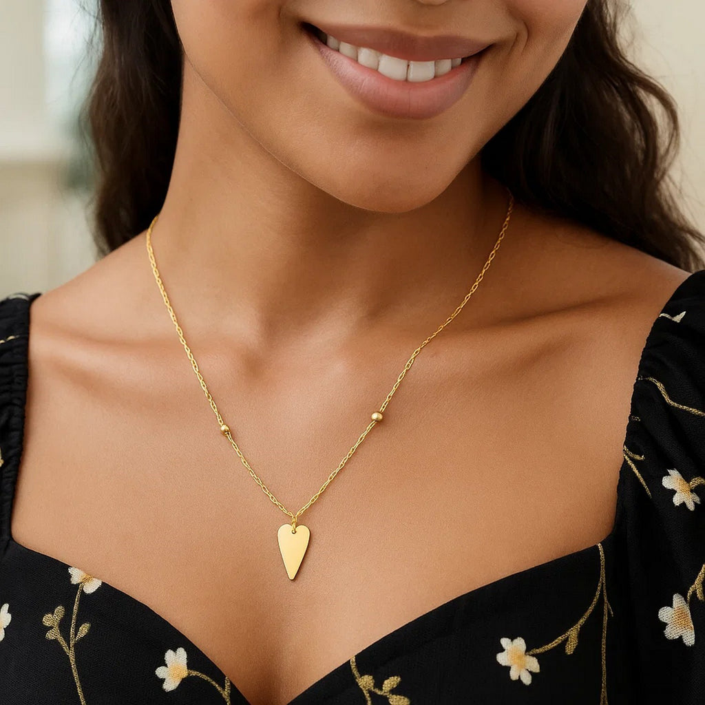 Elongated Heart And Bead Station Necklace in 14K Yellow Gold
