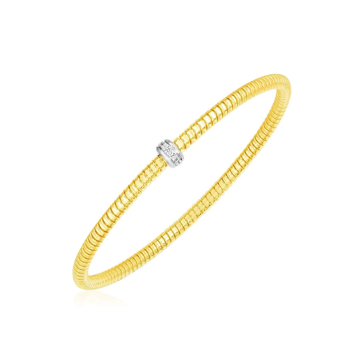 Front view of 14K yellow gold diamond stretch bangle, 3.00mm