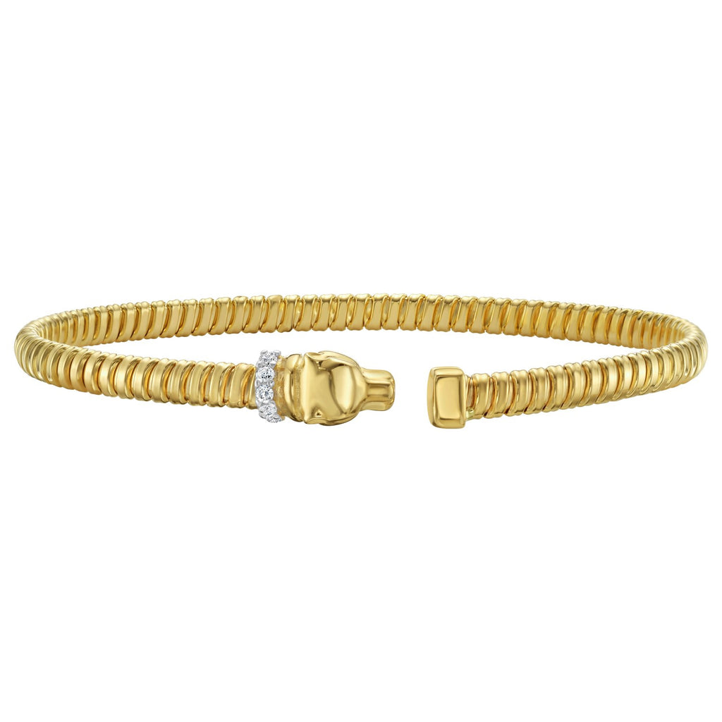 Front view of the 14K yellow gold panther cuff showing the diamond collar and open front