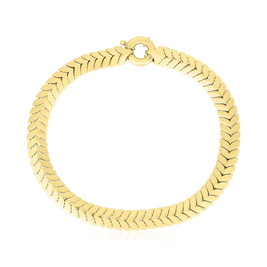 Front view of 14K yellow gold high polish chevron link bracelet with spring ring clasp, 6 mm wide