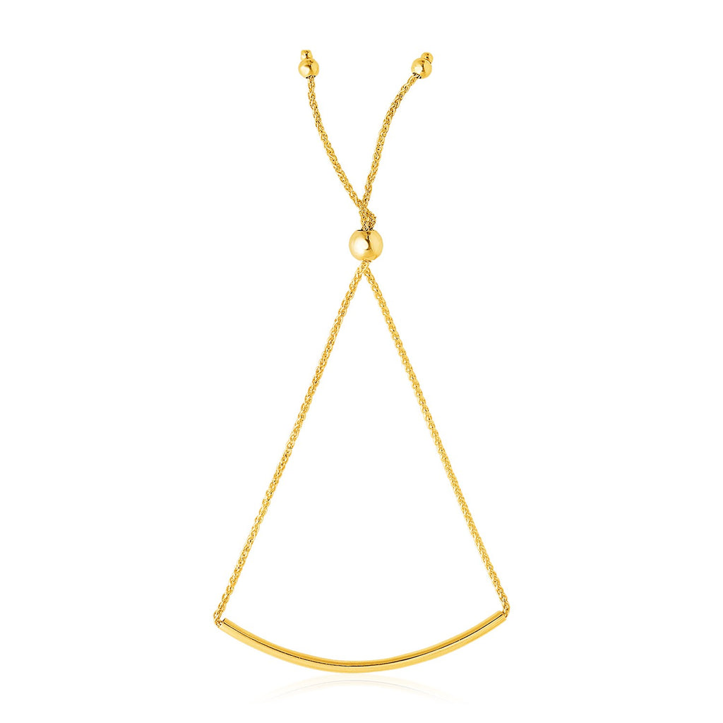 Front view of 14K yellow gold smooth curved bar lariat design bracelet with adjustable drawstring clasp, 0.80 mm wide