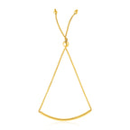 Front view of 14K yellow gold smooth curved bar lariat design bracelet with adjustable drawstring clasp, 0.80 mm wide