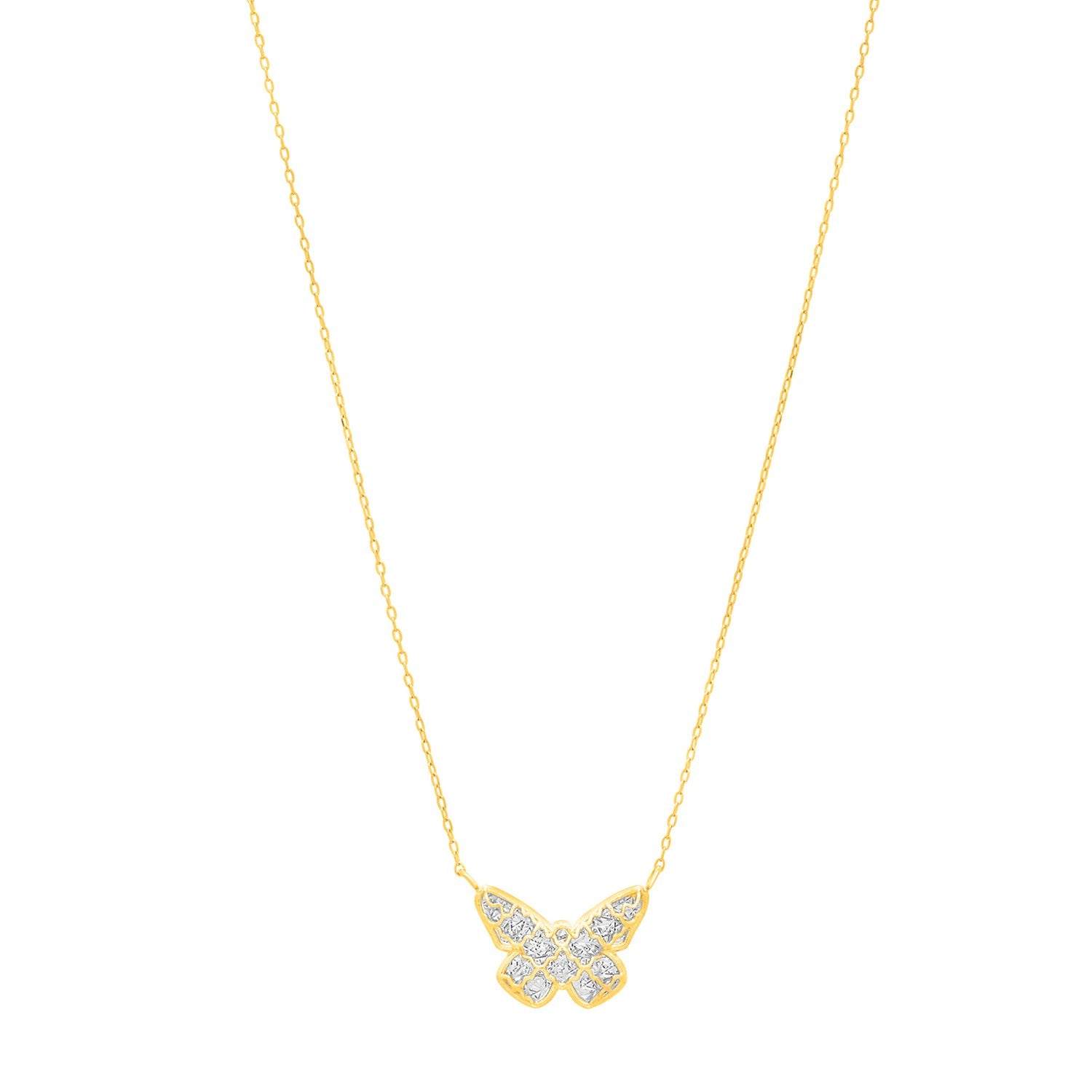 fancy checkerboard style butterfly chain and pendant in 14k yellow gold