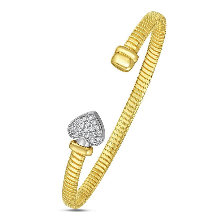 Diamond heart tubogas cuff in 14K two-tone gold, a white gold heart of natural diamonds on a yellow gold coil
